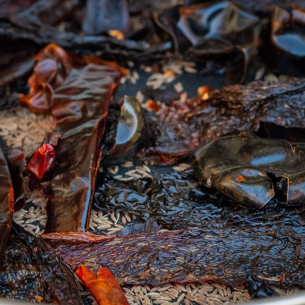 Add cumin seeds to roasted chiles.