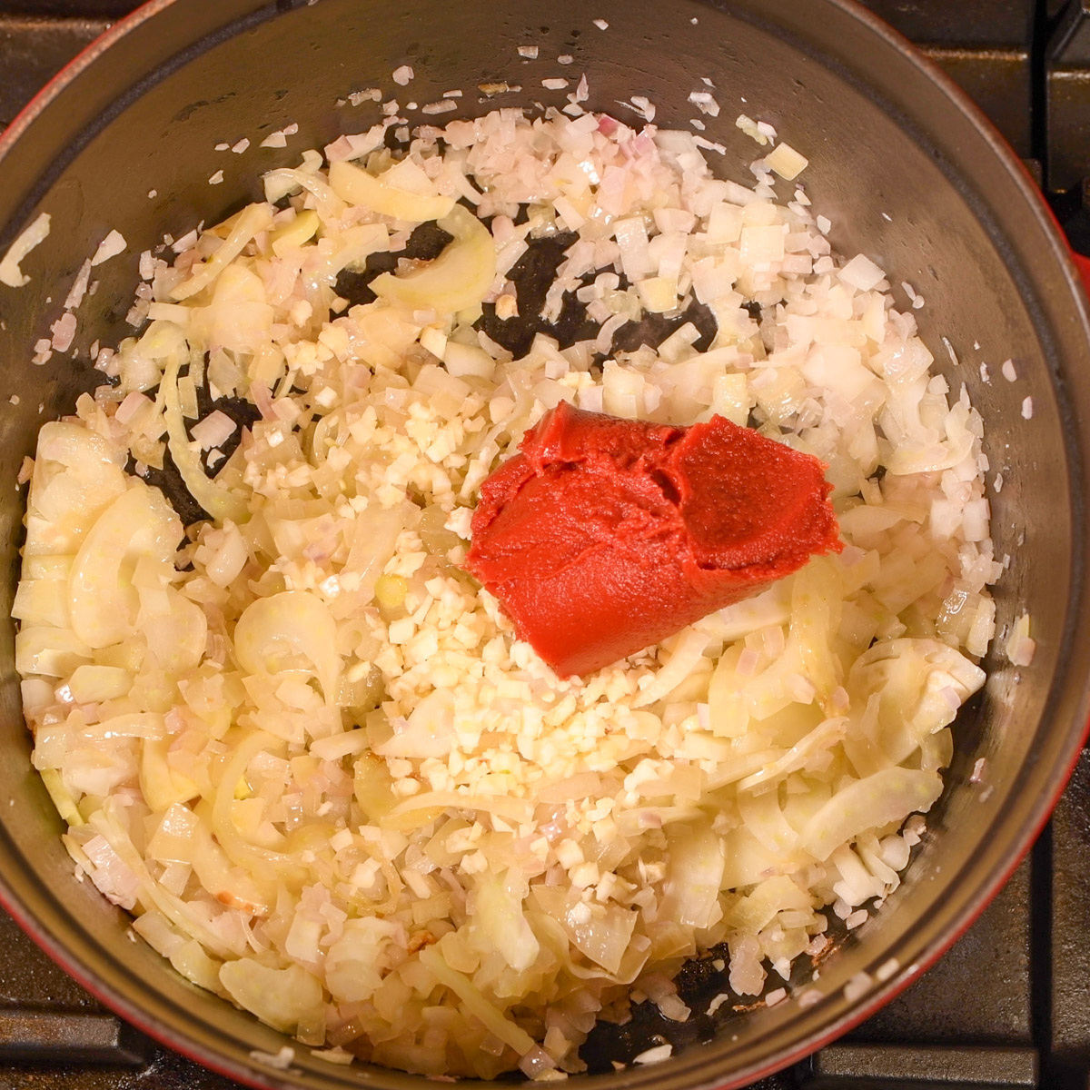 Add the tomato paste to the shallots and fennel bulb.