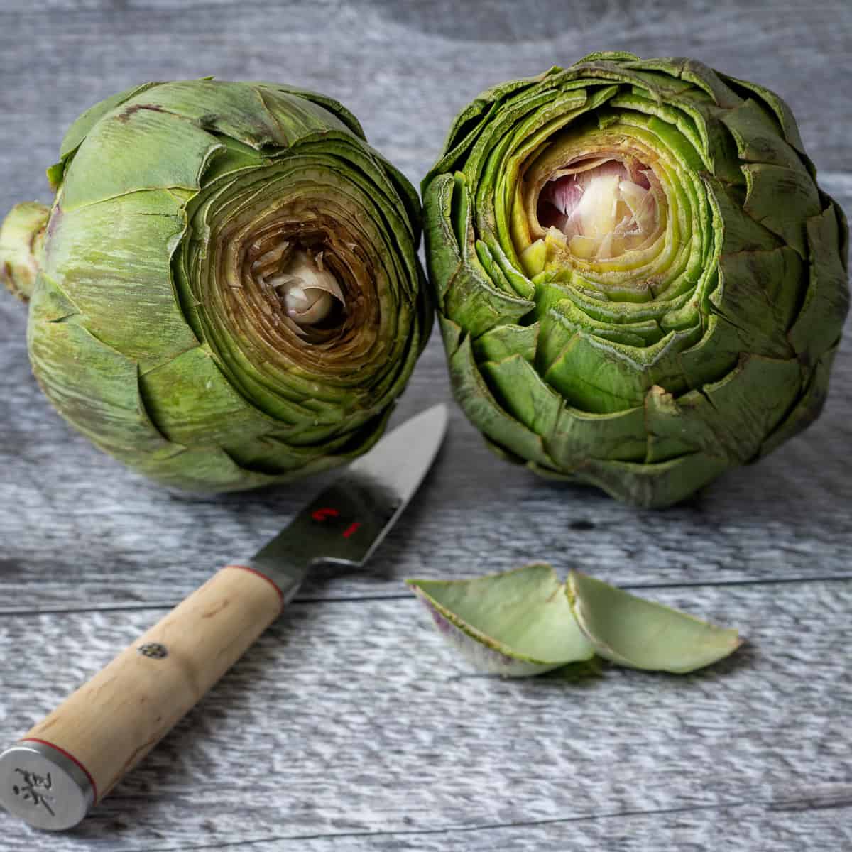 Trimmed fresh artichokes.