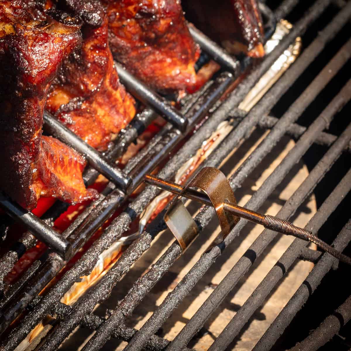Temperature probe next to the baby back ribs.