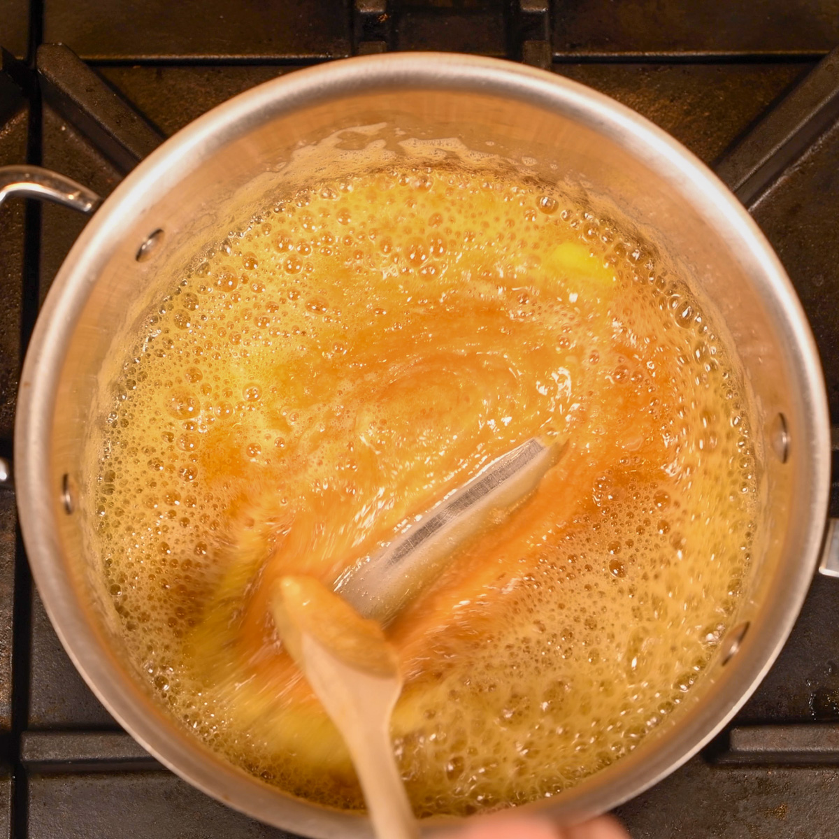 Cook butter and melted sugar.