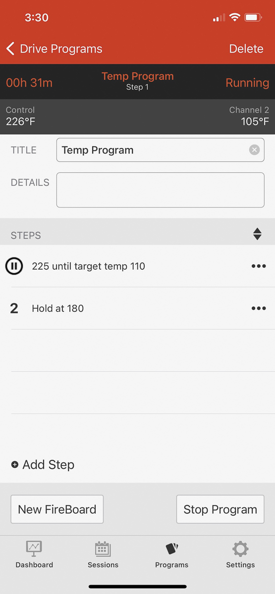 FireBoard app program screen.