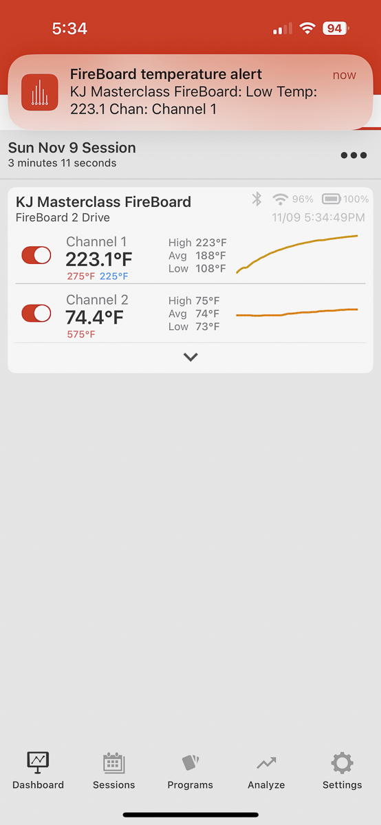 FireBoard app providing a temperature alert.