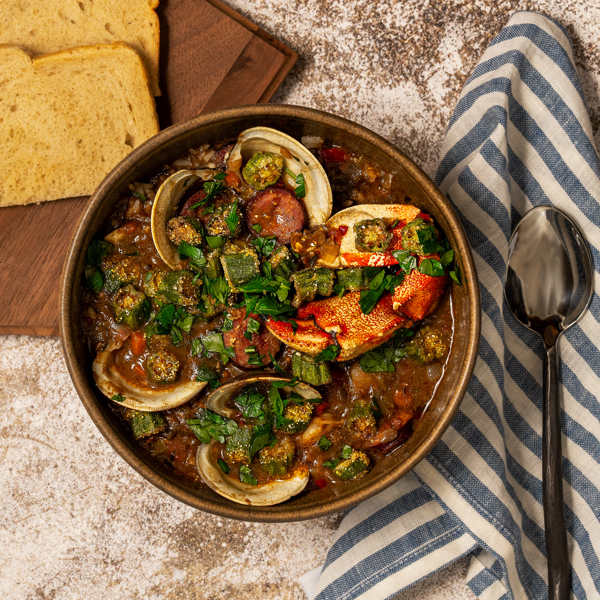 Seafood gumbo with Andouille sausage.