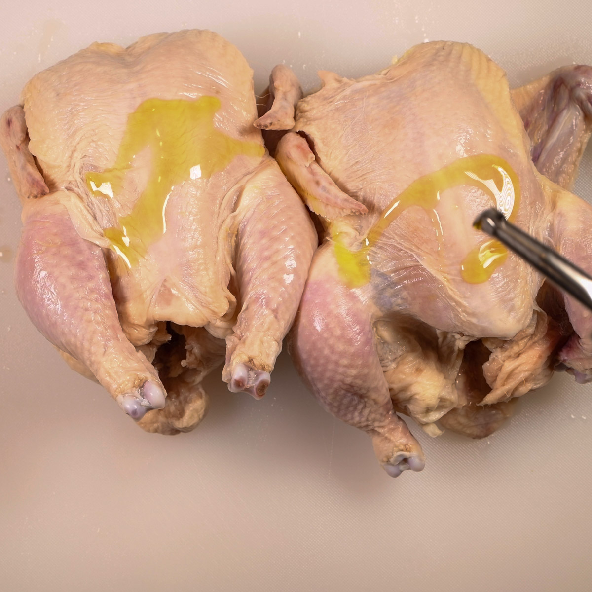 Rub olive oil on Cornish hens.