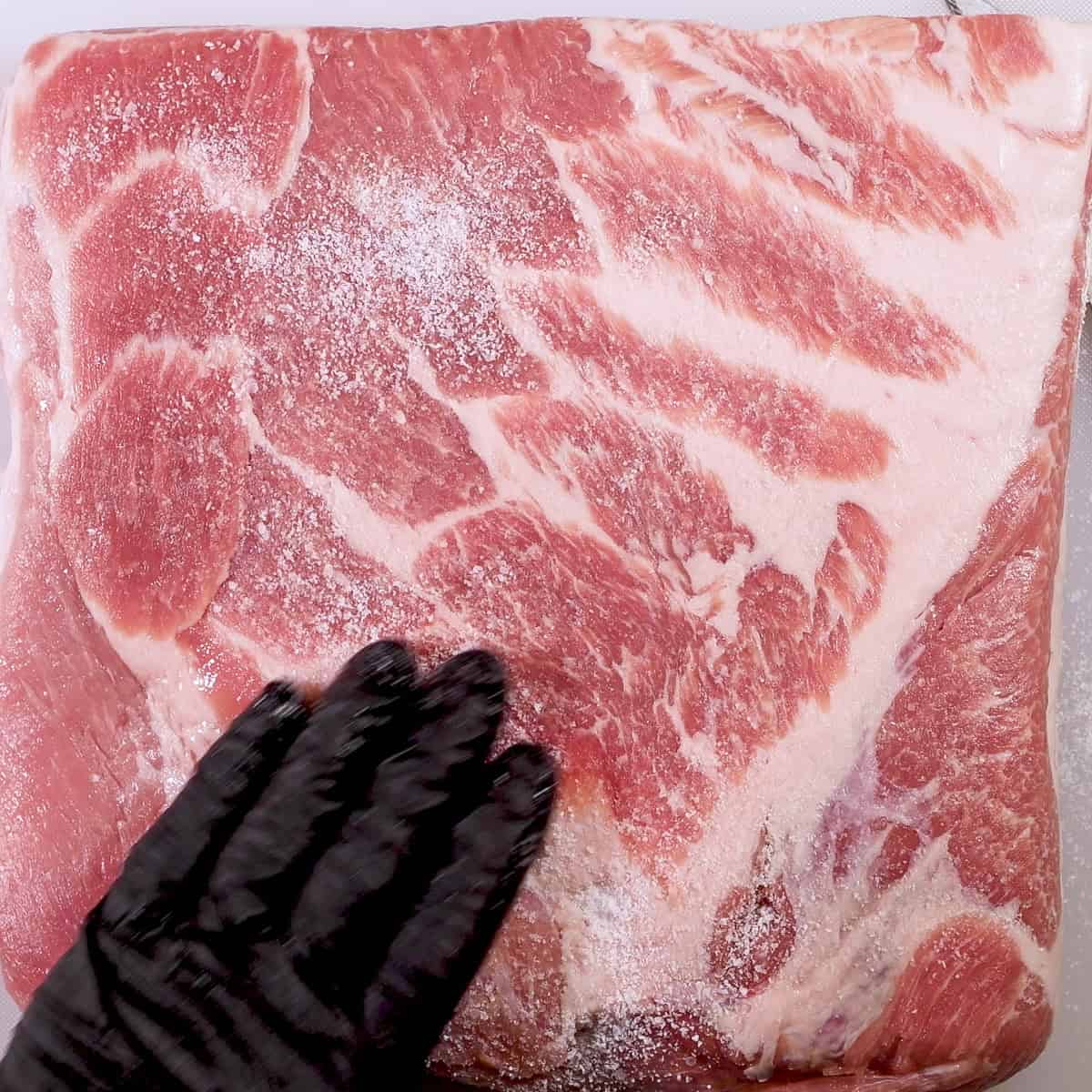 Season the pork belly with kosher salt.