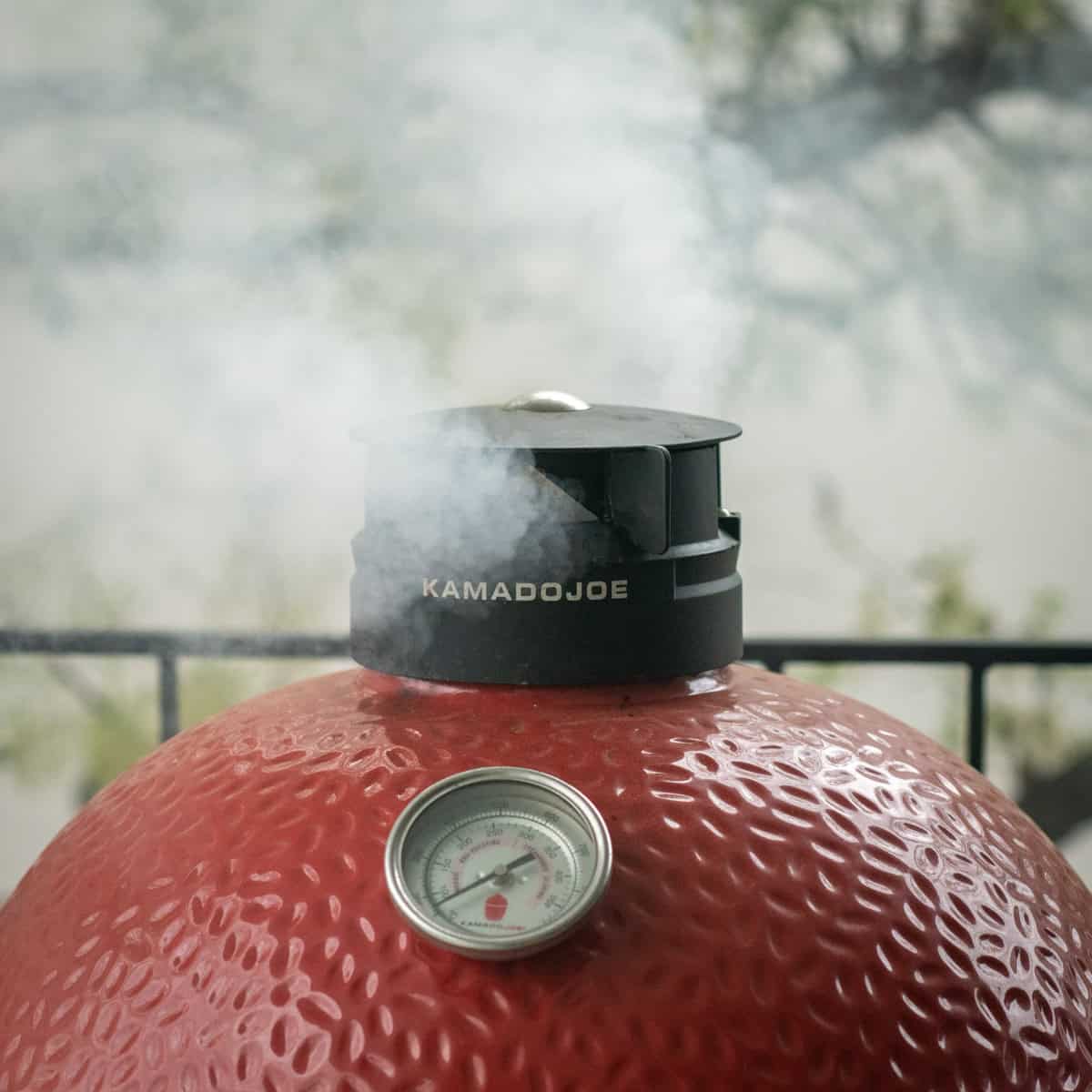 Smoke coming out of Kamado Joe.