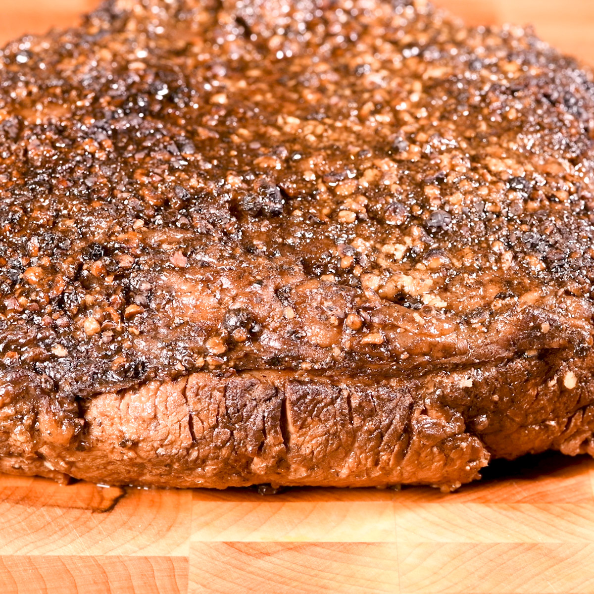 Smoked pastrami ready to cut.