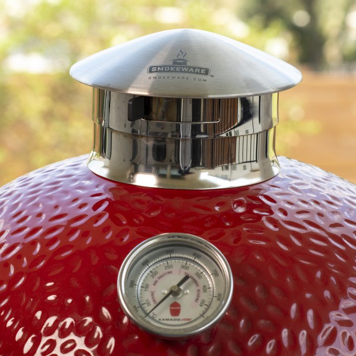 SmokeWare chimney cap installed on a Kamado Joe Classic II.