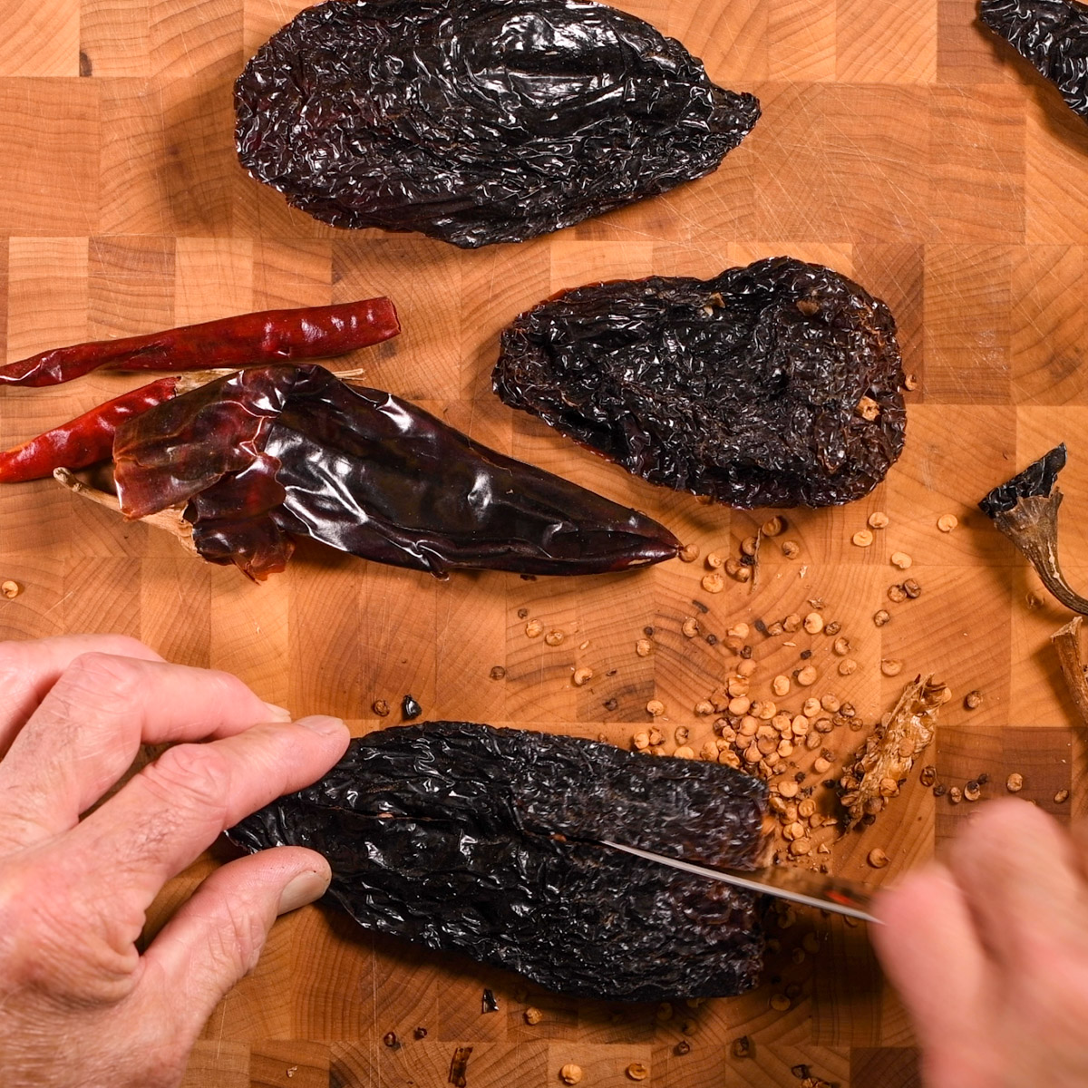 Stem and seed the chiles.
